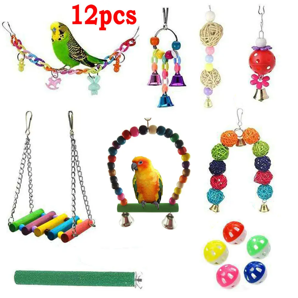 

12pcs Bird Parrot Toys Set Parrot Swing Toys Chewing Hanging Bell Cockatiel Cage Standing Training Toys Bird Climbing Cage Toys