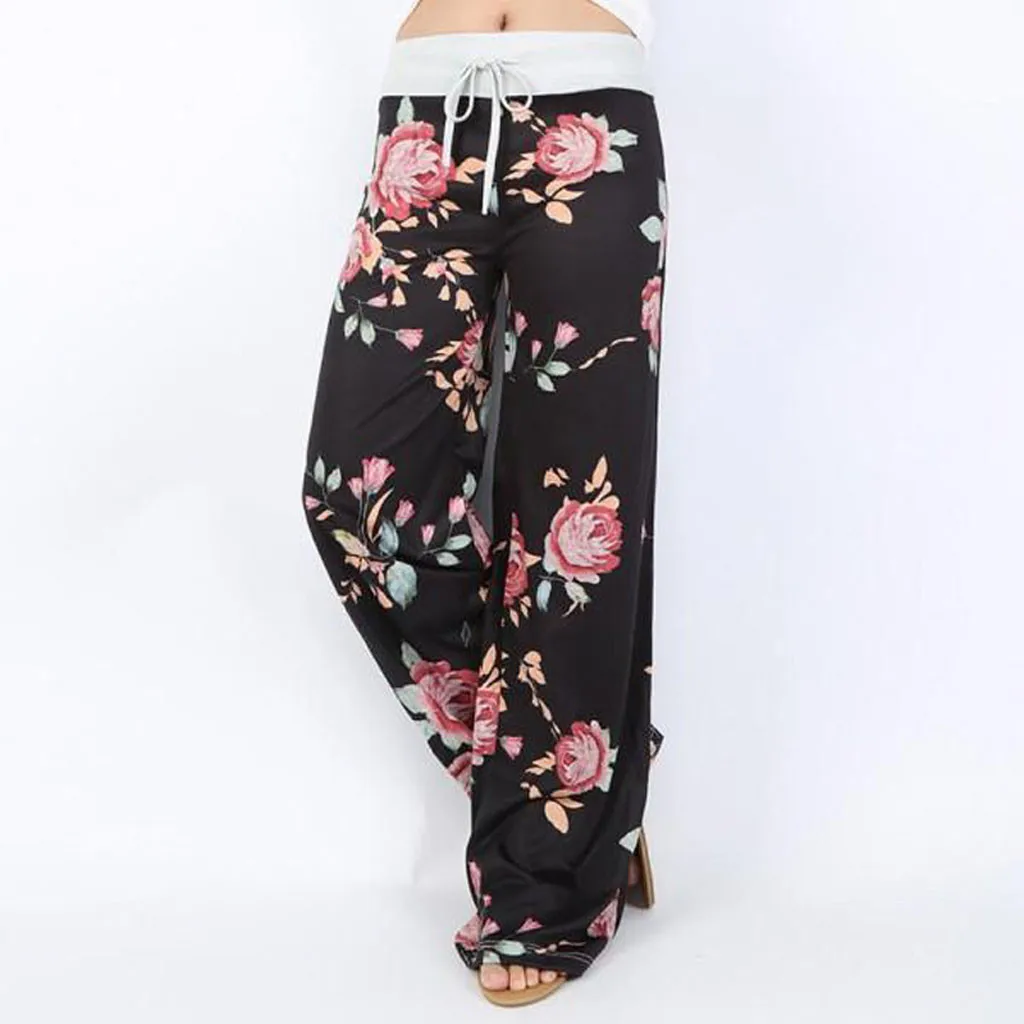 

Fashion Womens Pants Womens Comfy Stretch Floral Print Drawstring Palazzo Wide Leg Lounge Pants Women pants 2020 S-3XL#guahao