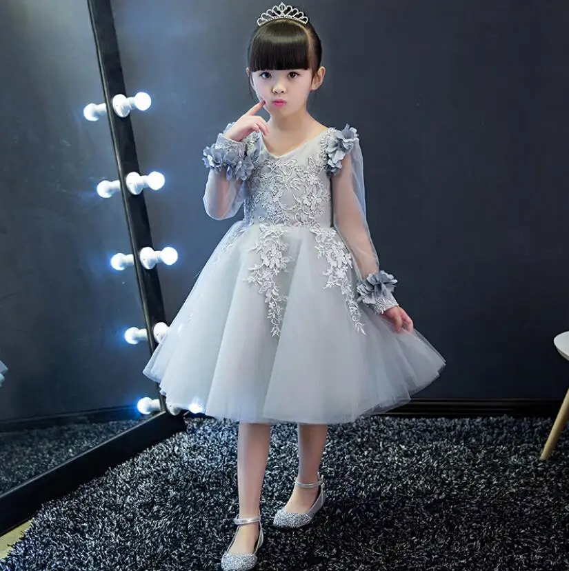 

Kids Wedding Party Dress Gray Appliques Lace Sleeve Flower Girls Ball Gowns Baby Infant 1 year Girl Baby Birthday Pageant Dress