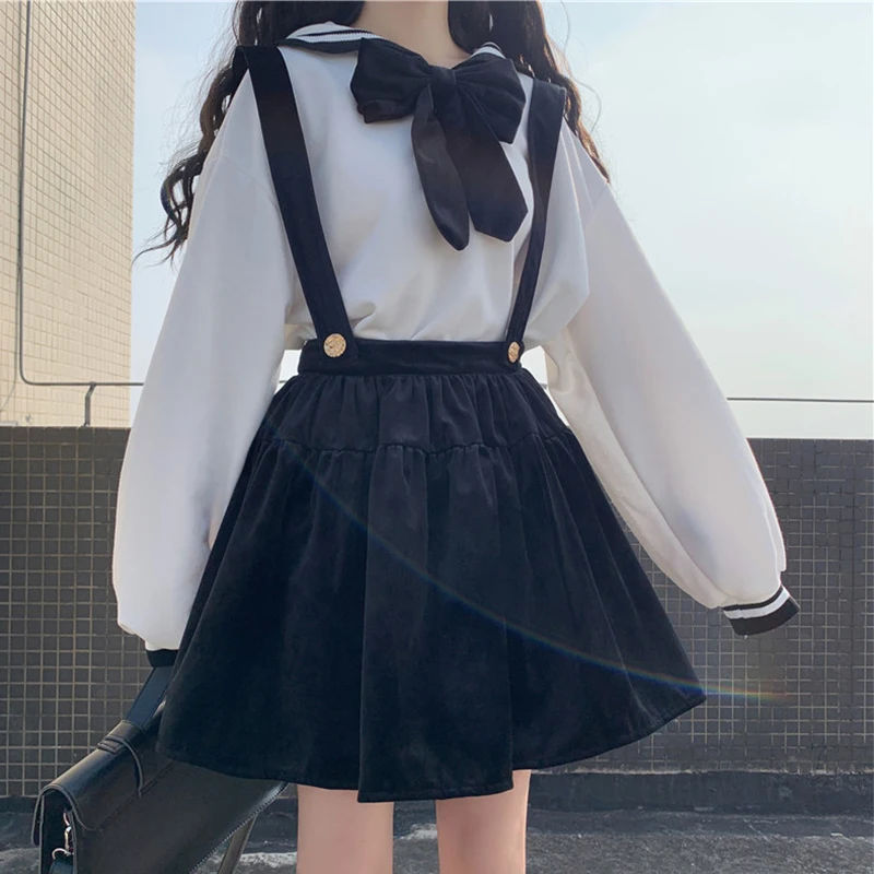 

Japanese Style College Style Sailor Collar Bow Long-Sleeved Sweater Black Velvet Suspender Skirt for Women Autumn and Winter