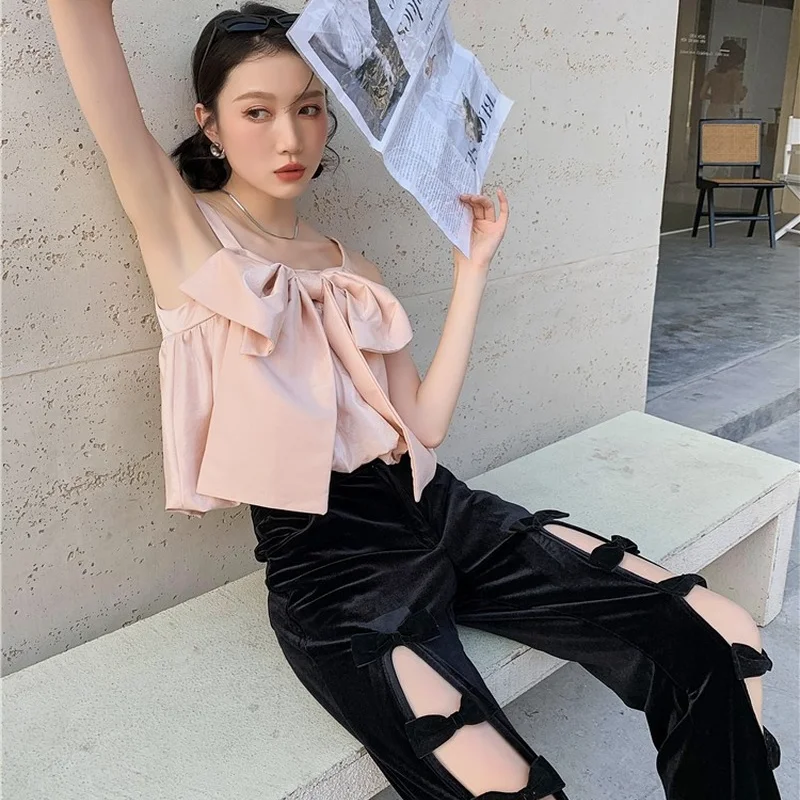 

Korejepo Women Pants 2021 Summer New Korean Chic Retro Sweet Black Bow High Waist Velvet Slit Flared Pants Female Full Length