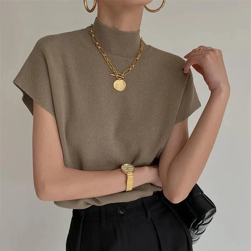 

French Elegant Turtleneck Knitted T-shirt Women Spring Summer Design Loose Short Sleeve Cropped Tops Female