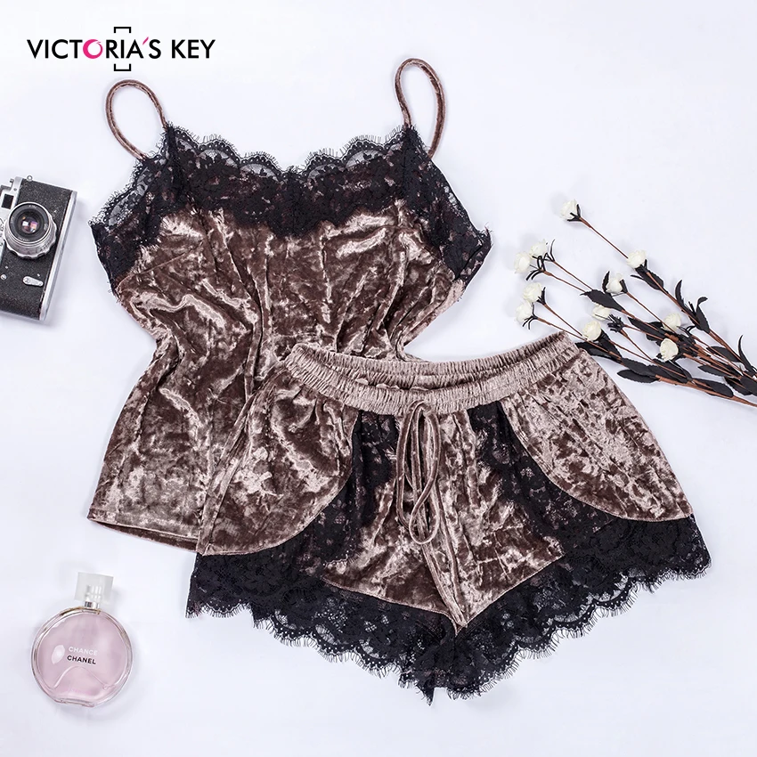 VICTORIA'S KEY, розовая бархатная Пижама, шорты на бретельках, женские сексуальные кружевные летние пижамы на бретельках без рукавов, Женский комплект