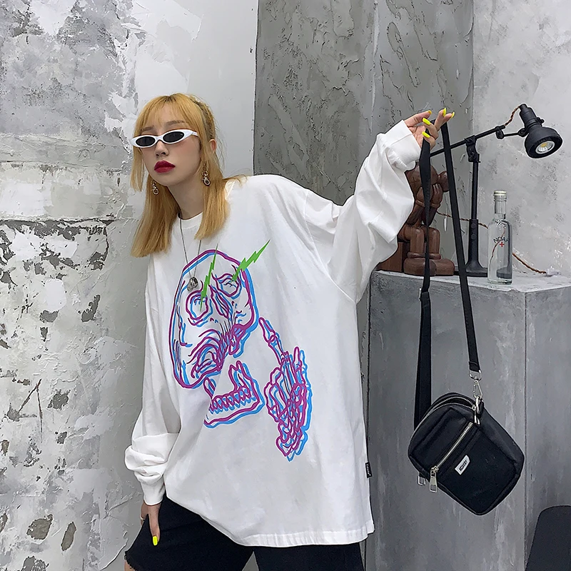 Skull Print Harajuku Hoodie Sweatshirt Casual Hoodies Women Oversized Polyester Cotton Winter Coat Halloween Long Sleeve V557
