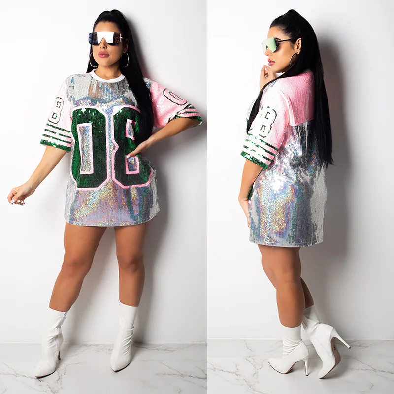 Женское переливающееся платье с блестками круглым вырезом коротким рукавом Vestidos