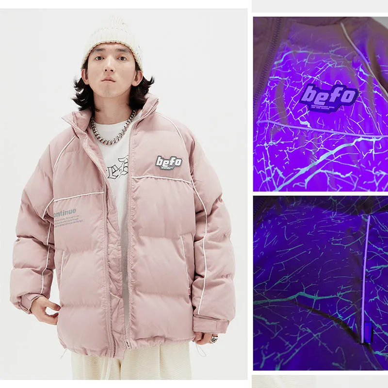 

Mens Winter Parkas Purple Light-sensitive Reflective Street Oversized Cotton Jacket Women Hip Hop Harajuku Thick Coat Outwear