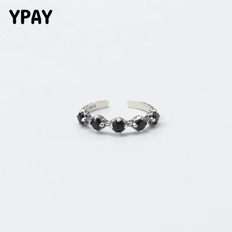 

YPAY Genuine 925 Sterling Silver Adjustable Ring Women Vintage Black Round Zircon Rings 2019 Korean Fine Party Jewelry YMR799