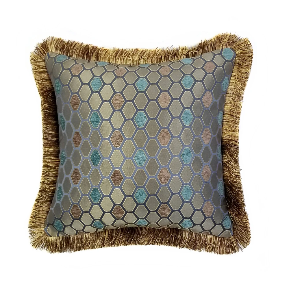Free shipping Steel Blue Vintage Chenille Leaves Checks Woven Decorative Cushion Cover Fringe Pipping Pillow Case 45x45 cm