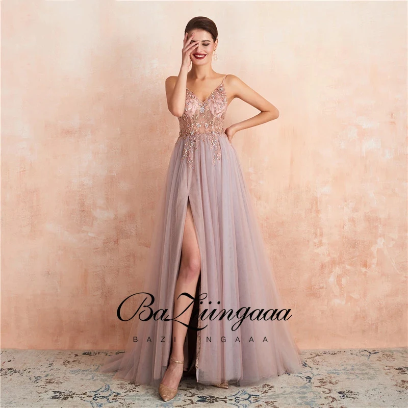 

Темно-розовый Выпускные платья Длинные 2021 V образным вырезом Бисер высокое Разделение шелковое платье, свадебное платье, платье без рукавов...