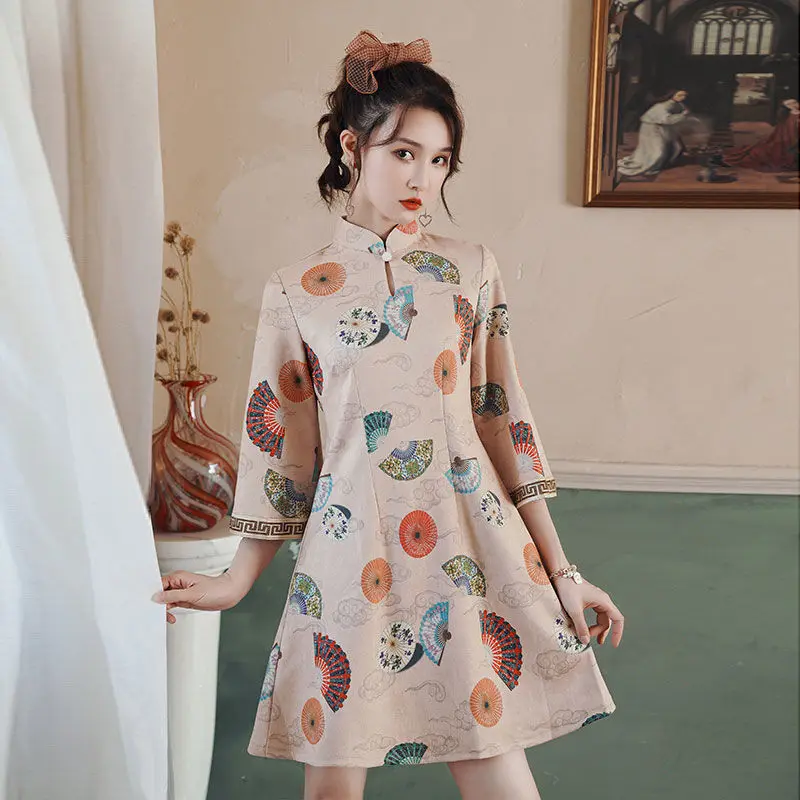 

Inverted Big-sleeved Cheongsam Modified Version of The Spring New Daily Dress Girl A-word Skirt Chinese Style Short Seven-sleeve
