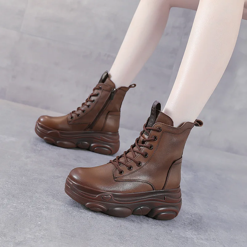 

Womenboots Womenshoes First Layer Cowhide Black Genuine Leather Bandage Keep Warm Flat Ankle Boots Waterproof and Nonslip