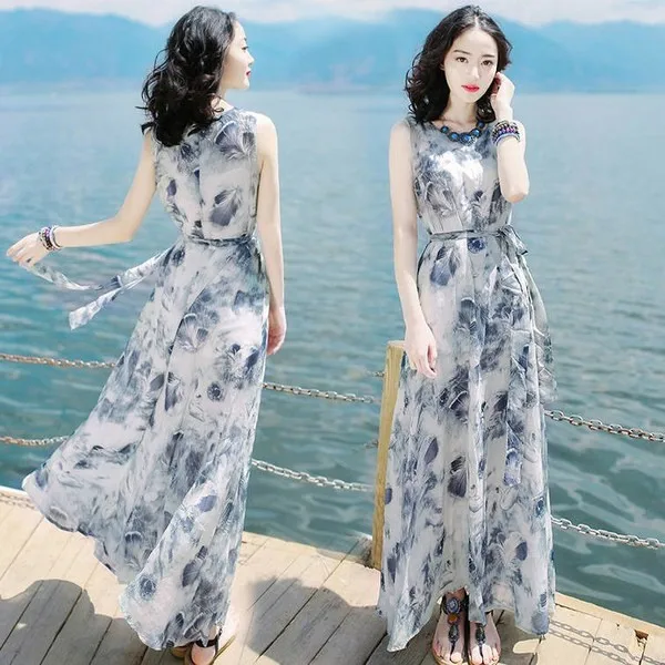 

Women Fashion Fresh Dress Bohemia Style Seaside Holiday Beach Dress Flower Print Sleeveless Clothes