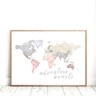 Карта мира, печать приключений, ждет, розовая, синяя, бежевая Картина на холсте, Постер для детской комнаты, домашний Настенный декор без рамки