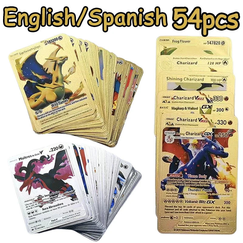 

Карты Pokemon, английская/испанская металлическая карта, Аниме Pokemon Vmax Gx, блестящие карты, игровая аниме Боевая карта, 55 шт.