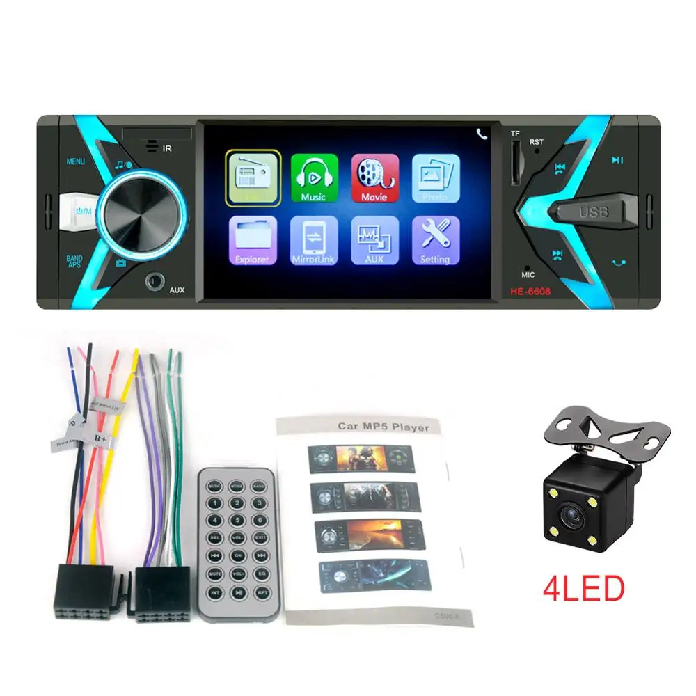 With 4 LED Camera Автомагнитола 1din FM 4," автомобильный аудио стерео Bluetooth Aux Входной приемник SD USB Поддержка камеры заднего вида управление рулевым колесом - Цвет: With 4 LED Camera