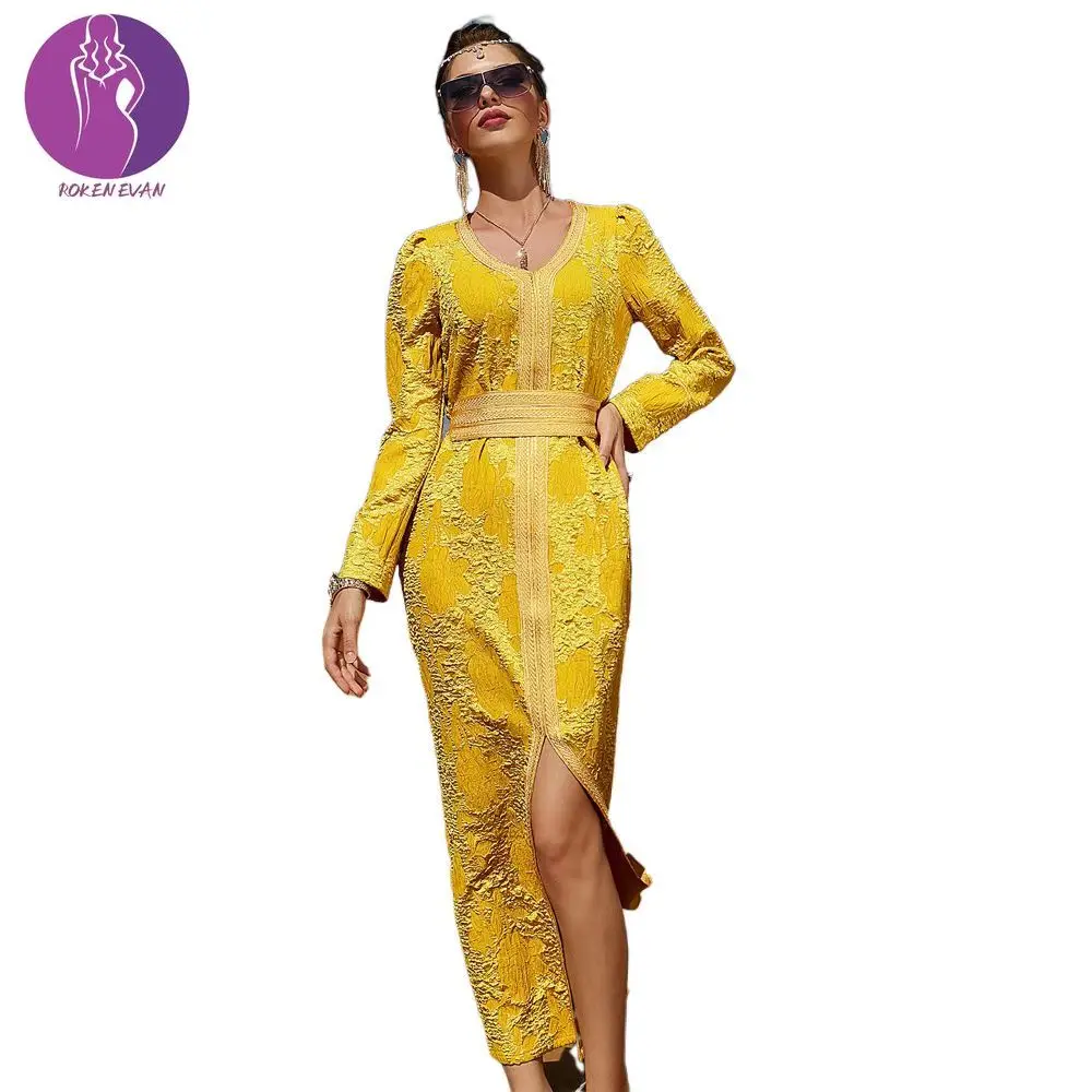 ROKEN EVAN Long Sleeve Maxi Dress for Women Golden Dubai Abaya Fashion Ribbon Trim V Neck Jalabiya Muslim Fall 2021 New