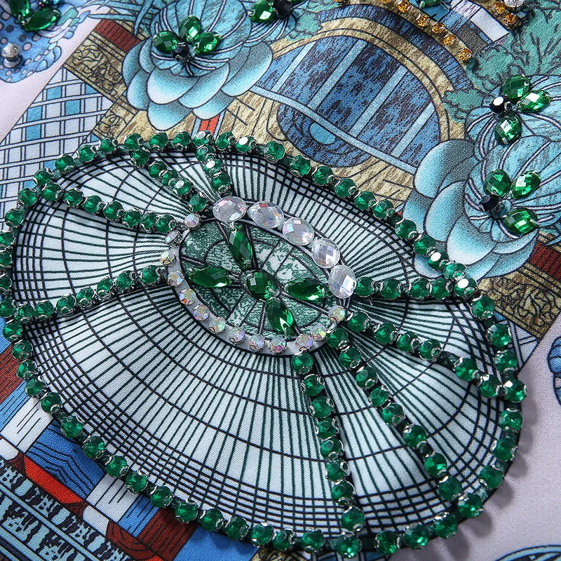 

European and American women's dress 2020 summer new styles Five cent sleeve nail bead architectural printing green dress