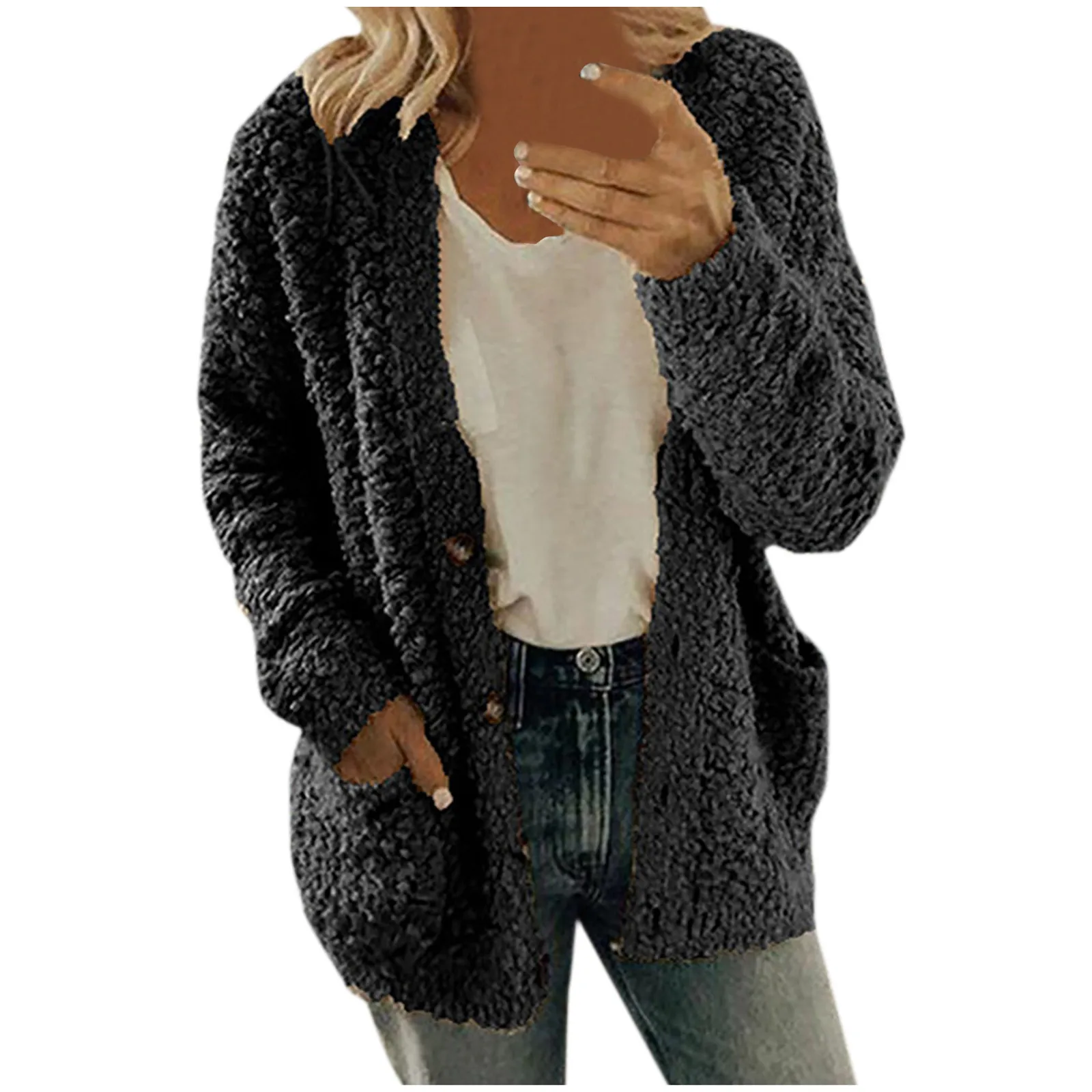 

Women 2020 Casual Plus Size Plush Sweater Pockets Outerwear Buttons Cardigan Coat Loose Solid Color Plus Size Women's Clothing