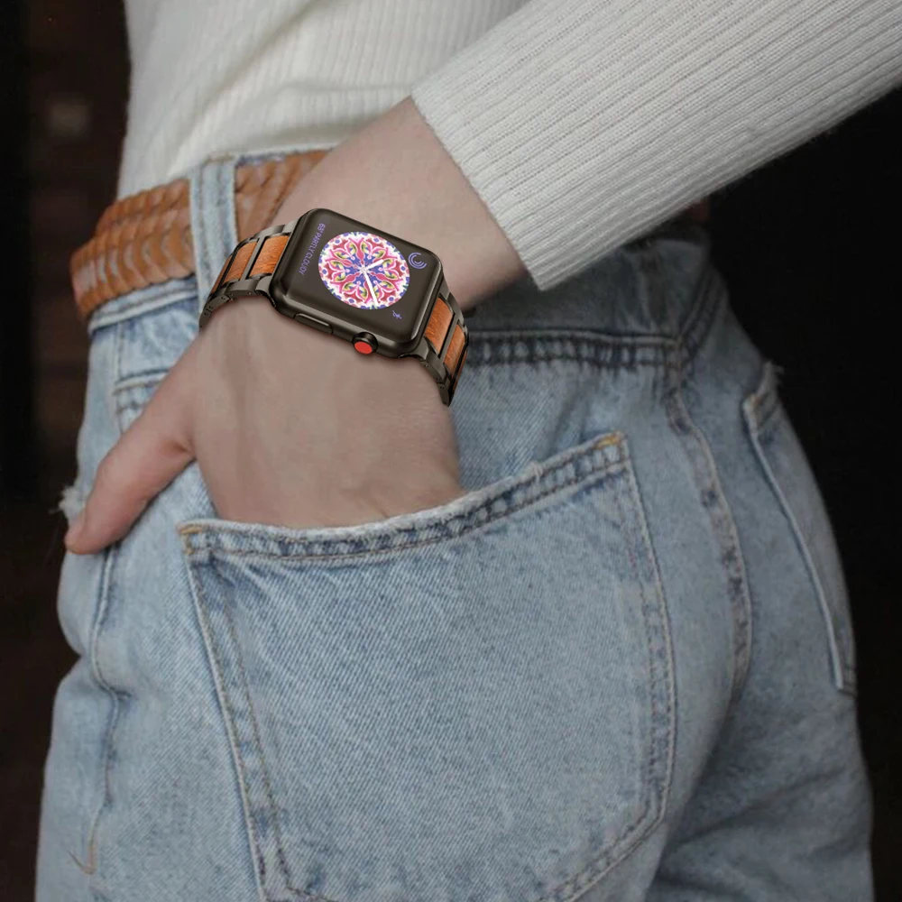 ANBEST Compatible with Apple Watch Band 4 5 40mm 44mm Stainless Steel Natural Wooden Red Sandalwood Watch Strap for Series 3 2 1