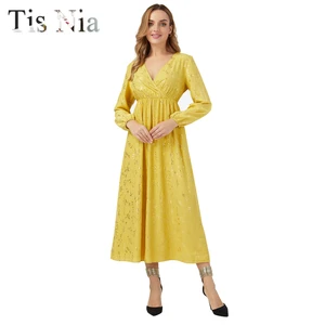 Spring and Autumn Elegant Long Skirt Womens Floral Print Party Long Dress Elastic Waist Wrap Casual V-neck Sexy Party Dress Rob