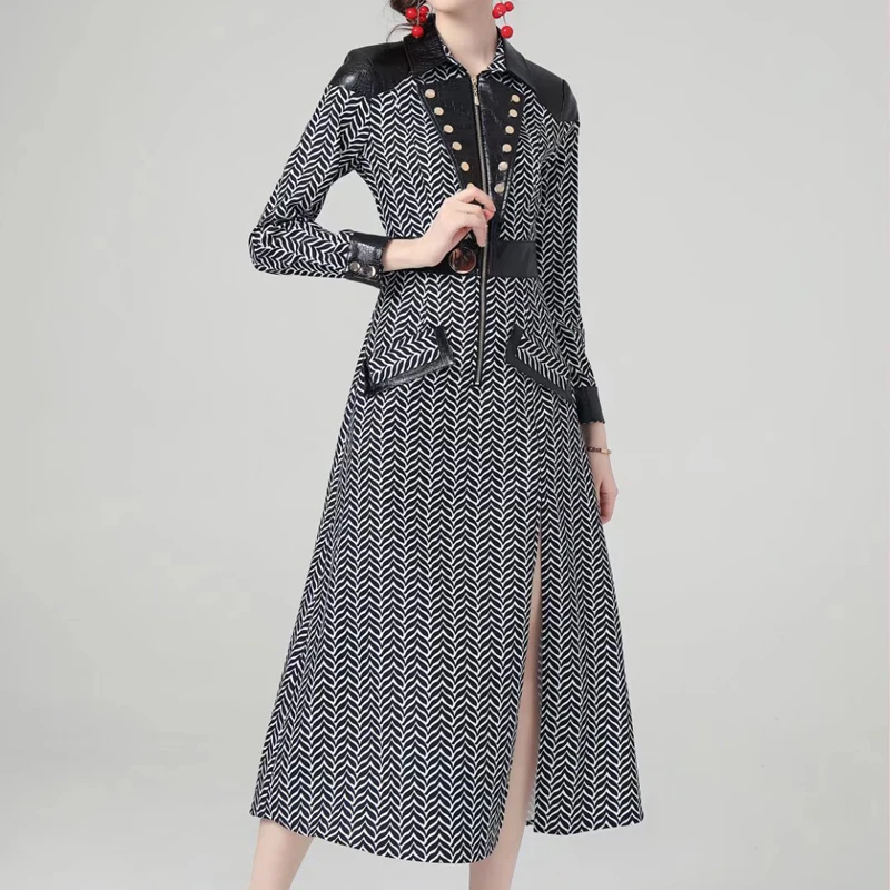 

2021 Fall Runway New Print Long Sleeve Zipper Slim Temperament Slit Mid-Length Pu Leather Dress High Quality