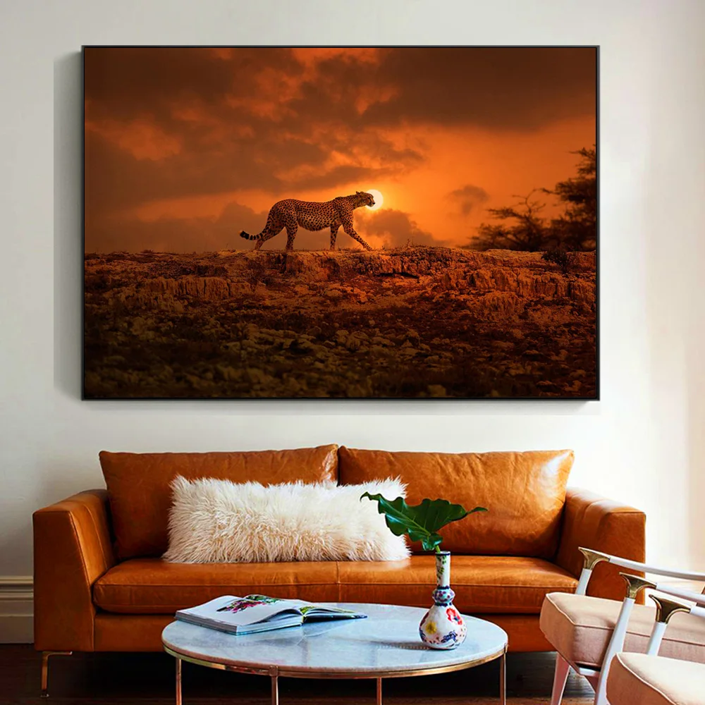 

Cheetah At Sunset Beautiful African Landscape Poster Painting On Canvas Wall Art Prints Animal Leopard Picture For Living Room