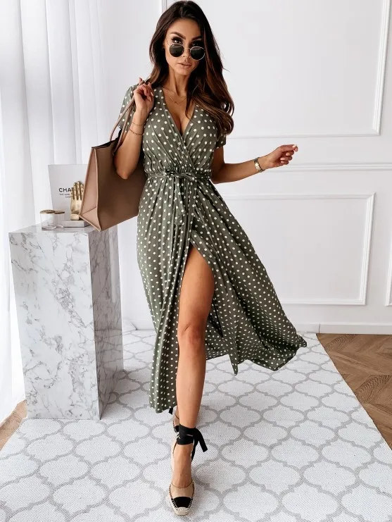 

Polka Dot Maxi Dress Women Split V Neck Summer Beach Sundress Short Sleeve High Waist Boho