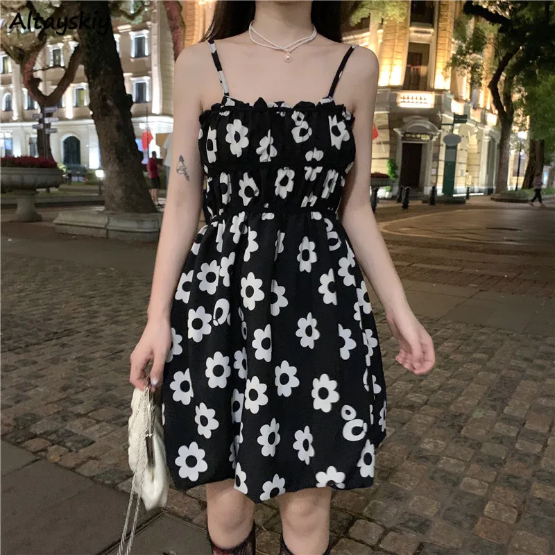 

Sexy Flowers Sleeveless Dress Women Summer Chiffon Backless High Waist Fashion Sweet Lovely Sundress Students A-line Tender OL