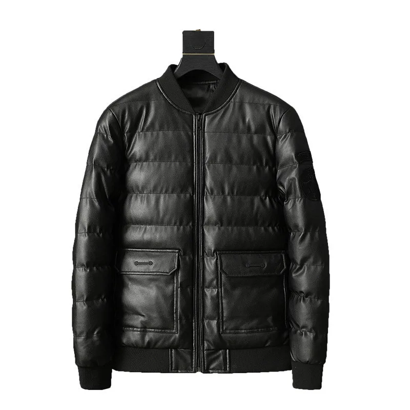 Parkas Winter Coats New Cotton-padded Men's PU Leather Jacket Casual Slim Bomber Jackets Men Warm Parka Mens Winter Coat Black