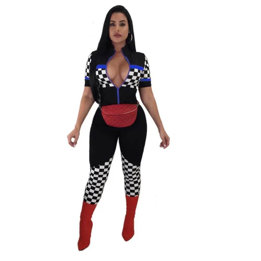 Женский клетчатый комбинезон Adogirl сексуальный Облегающий на молнии с V образным
