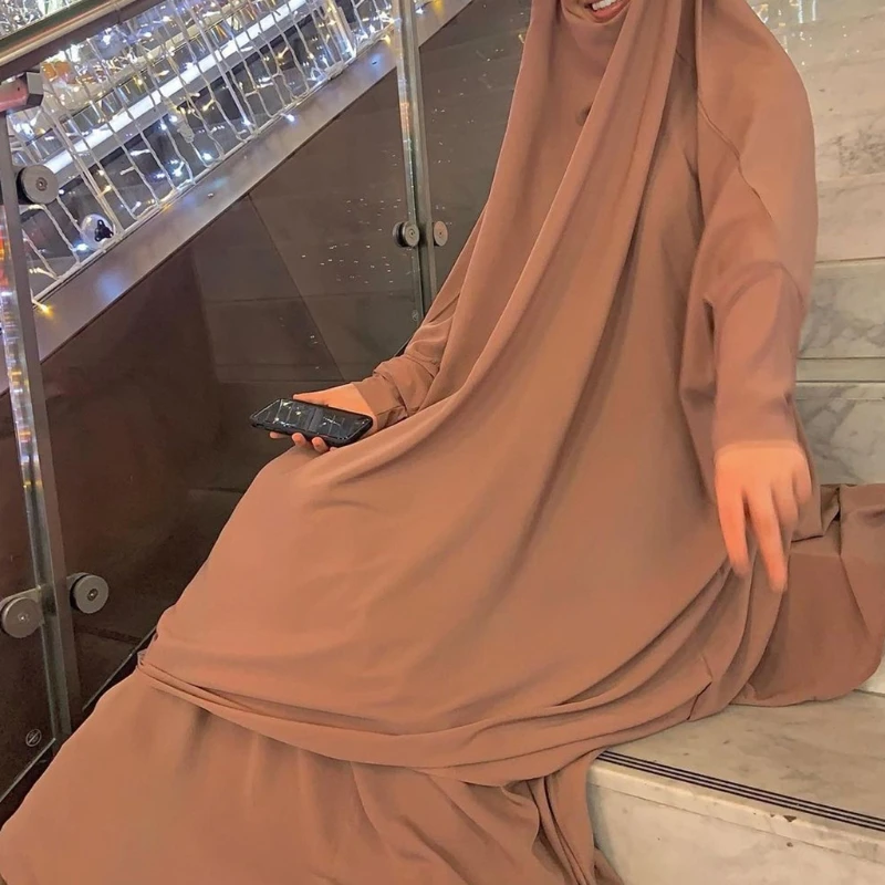 

Womens 2 Pieces Muslim Prayer Dress Long Sleeve Hijab Scarf Khimar and Skirt Set Islamic Abaya Full Length Suit Ramadan Eid