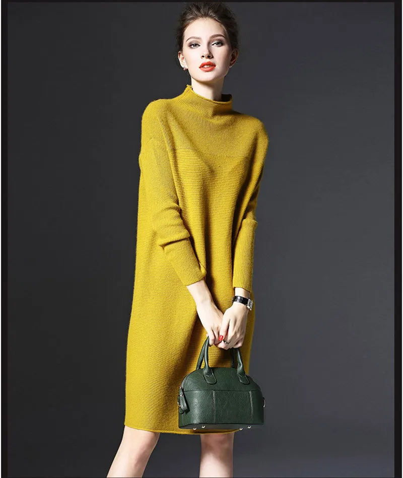 2020 плюс размер женское вязаное платье с высоким воротом свободное осенне-зимнее