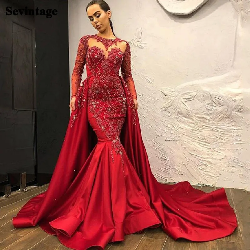 

Sevintage 2 Pieces Mermaid Evening Dress Overskirt Long Sleeves Satin Appliques Lace Prom Gowns Court Train Beaded Party Gowns