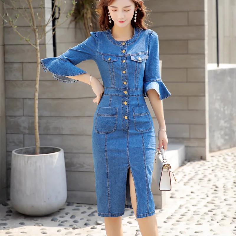 Новинка женское платье весна осень модное облегающее цельнокроеное джинсовое с