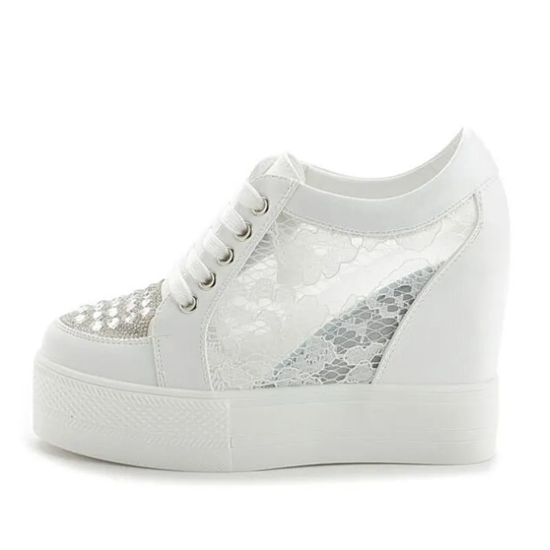 Новинка 2020 года Модные женские сетчатые туфли на высоком каблуке визуально