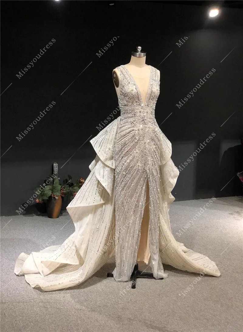 ZuhairMurad Silver High Quality Luxury Real Pictures Heavy Beads Deep V-Neck Floor Length Evening Party Prom Dance Bridal Dress