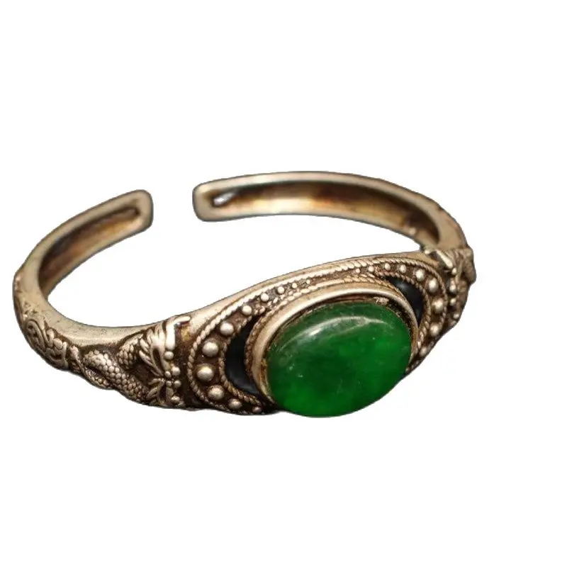 Браслет из тибетского и непальского старого серебра с нефритовым