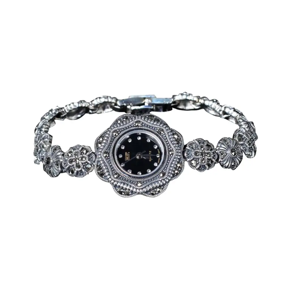 

Jade Angel Women Sterling Silver Watch Retro Wrist Watches Flower Style Pave Marcasite Watches　