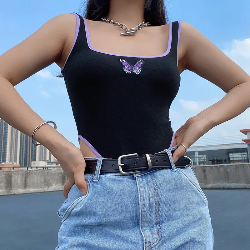 

Hemming Contrast Color Butterfly Print Jumpsuit Women's Summer Slim Fit All-Match Thin and Breathable Camisole