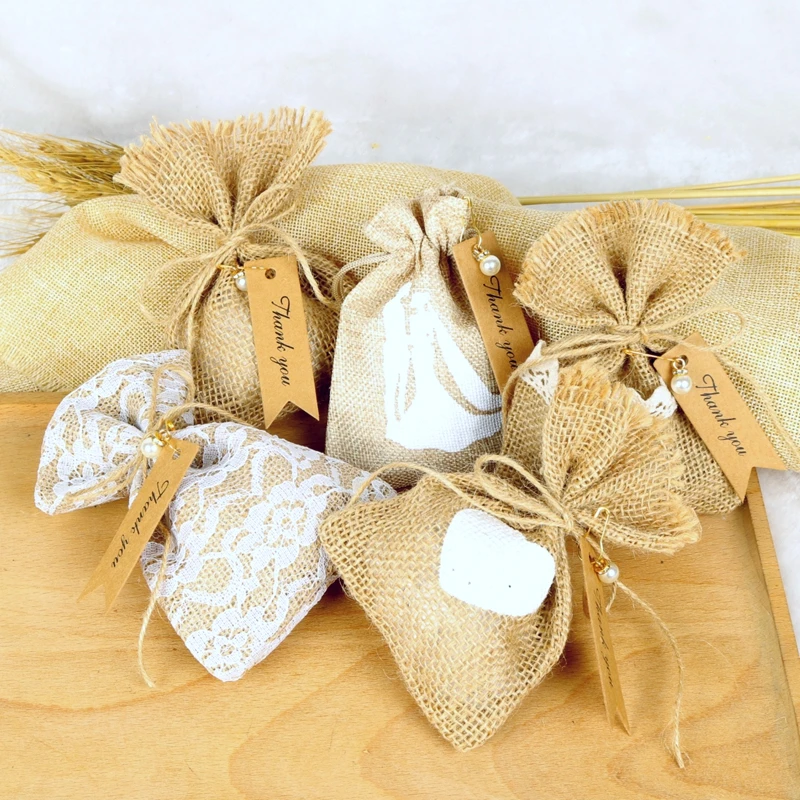 

20pcs Burlap Jute Candy Bag With Thank You Tag Chocolate Bags Baby Shower Birthday Party Wedding Favors And Gifts