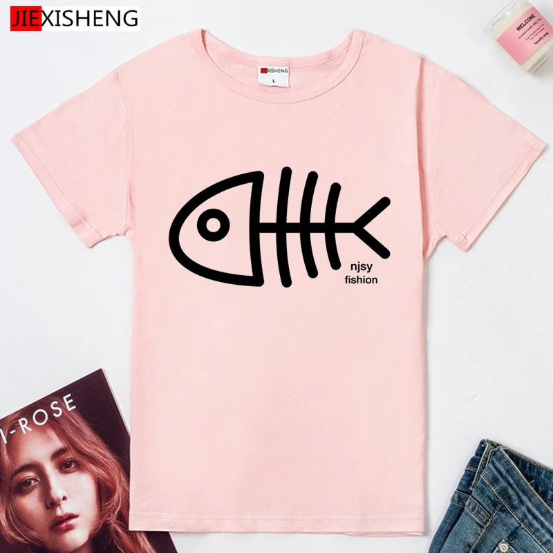 Женская хлопковая Футболка с рисунком рыбок и костей коротким рукавом|short sleeve|sleeve