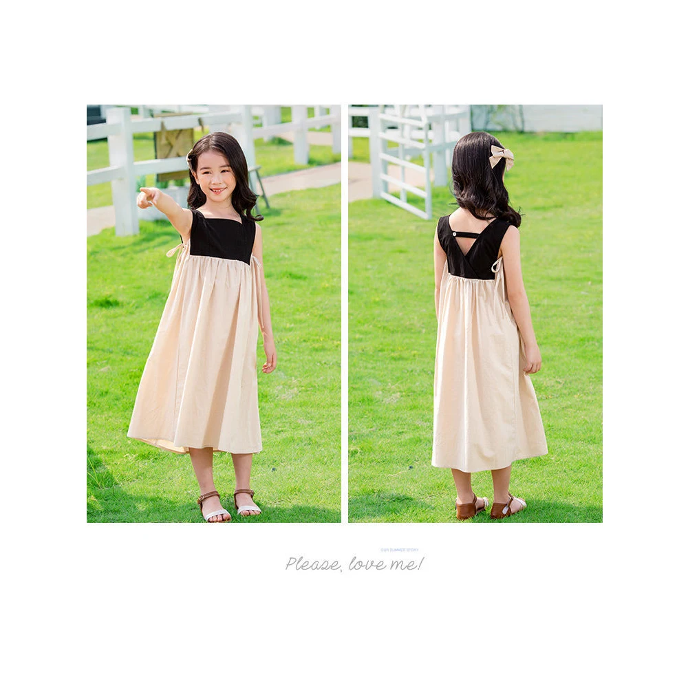 

Chinese Style Beige Dress Age For 2 - 8 Years Little Girls Casual School Style Dress 2021 New Summer Beach Sleeveless Kids Frock