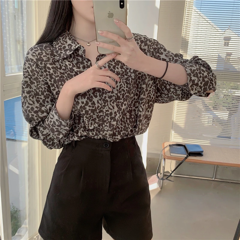 

Kimotimo Leopard Print Shirt Women Korean Vintage Fashion Loose Turn-down Collar Tops Temperament Long Sleeve All-match Blouse