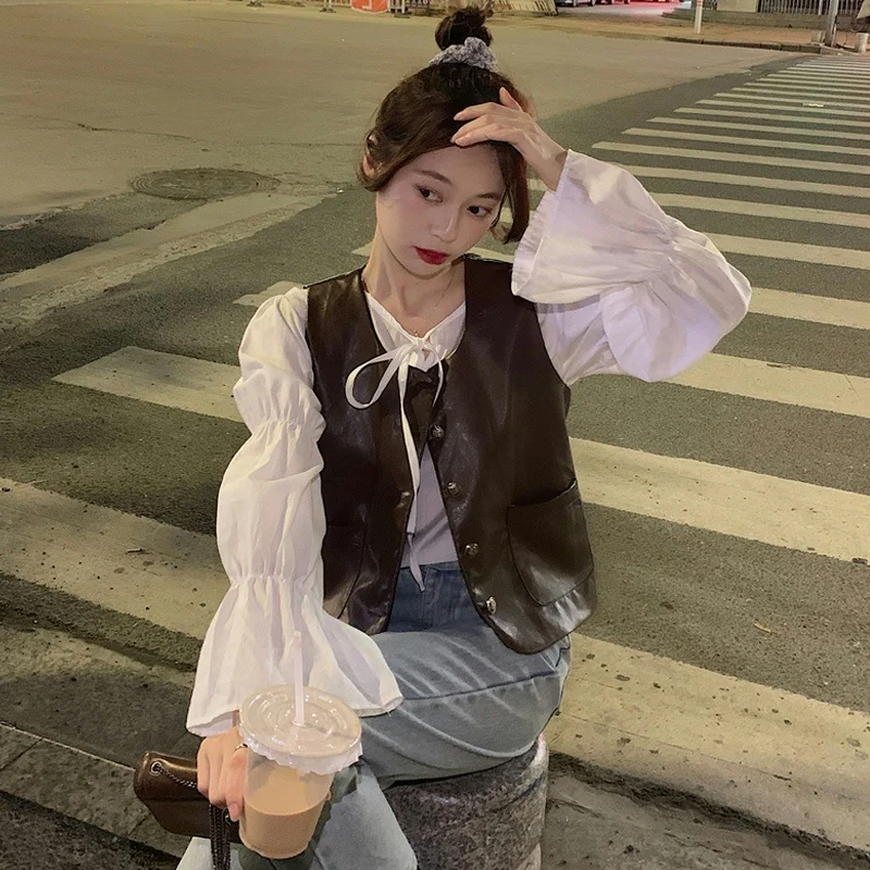 Кожаный жилет женская одежда на весну и осень с маленьким жилетом кружевными