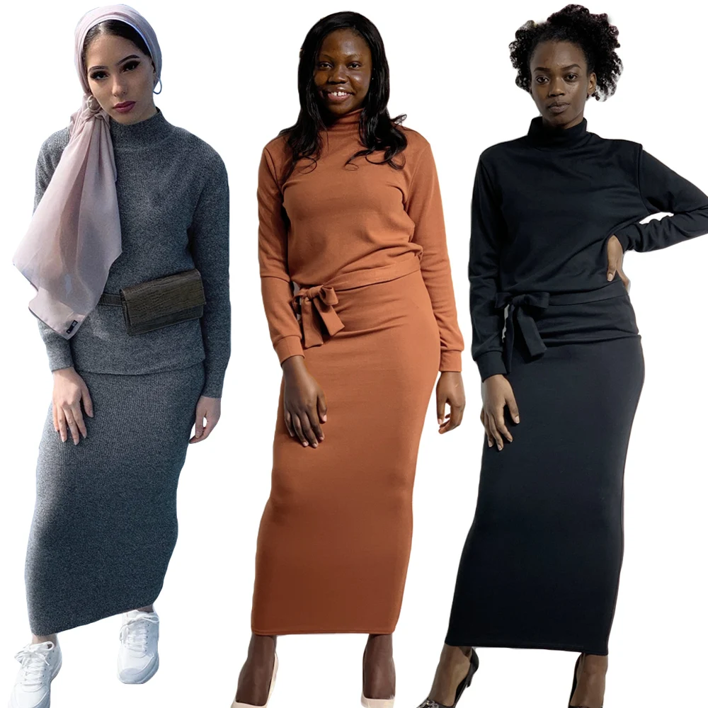 Женский мусульманский вязаный комплект из 2 предметов зимний теплый свитер + юбка