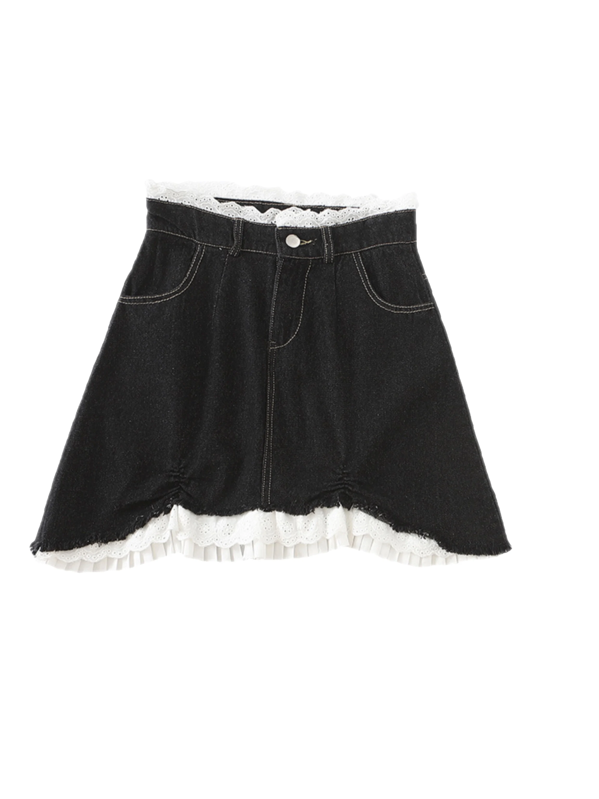 

Europe French High Waist Fake Two Piece Stitching Pleated Lace Mesh Ruffle Girlish Temperament Thin Denim Mini Skirts W68I