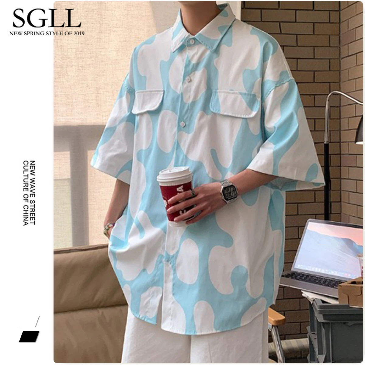 

Summer Short Sleeve Shirt Men's ruffian handsome lazy style DK uniform half Sleeve coat casual loose trend Shirt Favourite