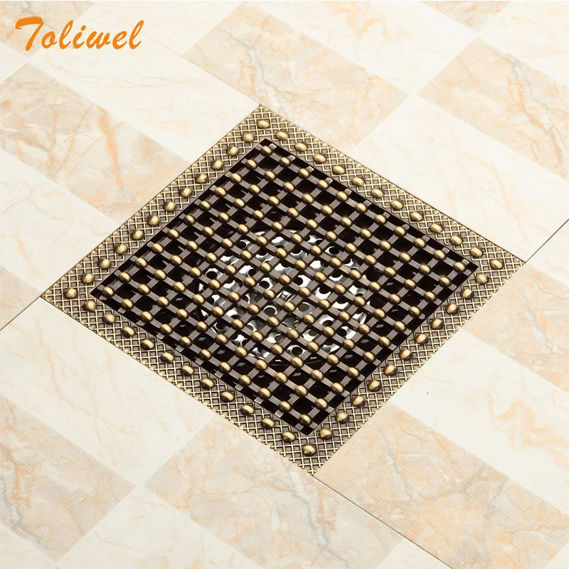 

15 x 15 Square Bathroom Shower Drain Floor Drain Trap Waste Grate Antique Brass Grid Drain