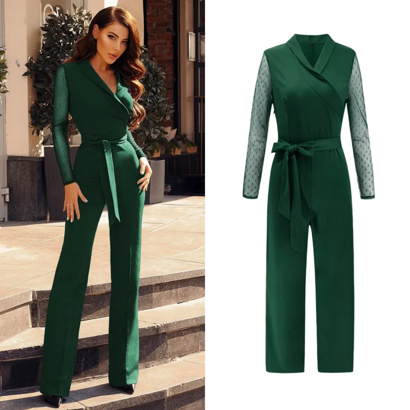 

Women Jumpsuit Sexy Fitted Pantsuits Elegant Long Sleeves V Neck Vintage Dot Bowknot Office Lady Jumpsuits Streetwear MC-2777