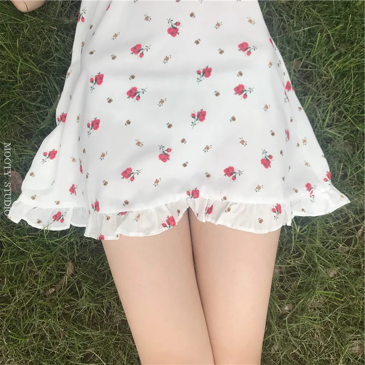 

WOMENGAGA 2021 Summer Sweet New Women's White Mini Tank Dress Fresh Ruffle Dresses Chiffon Print High Waist Korena Women 5M3Q